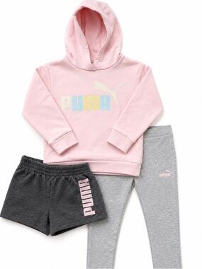 Puma Girls 3 Piece Outfit Set Pink Hoodie Leggings Shorts Puma Size Small 7/8